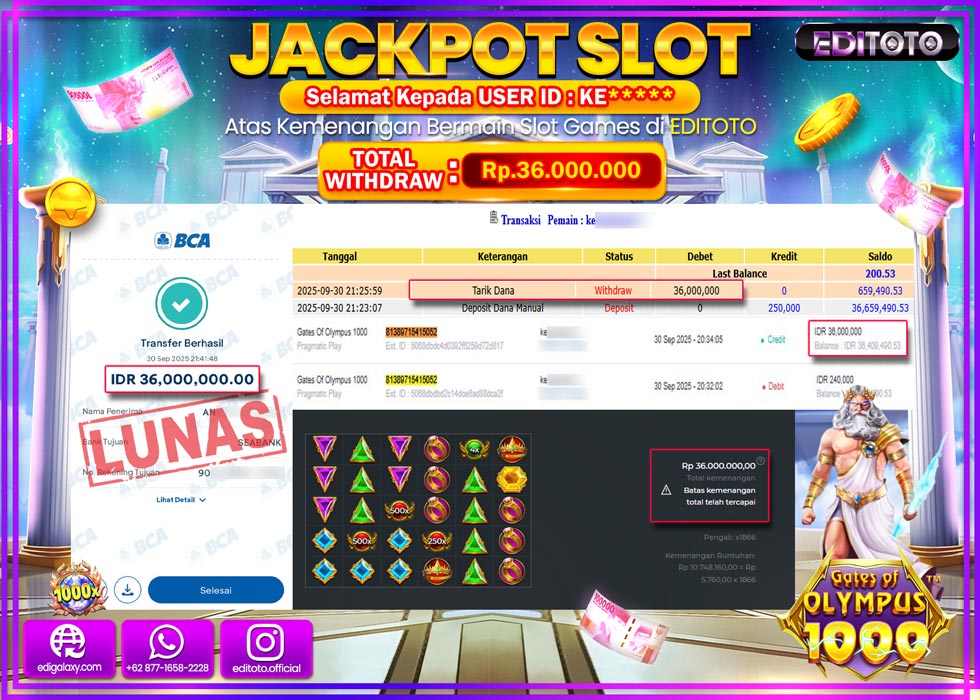 JACKPOT EDITOTO SLOT GATES OF OLYMPUS 1000 Rp.36.000.000,- LUNAS 