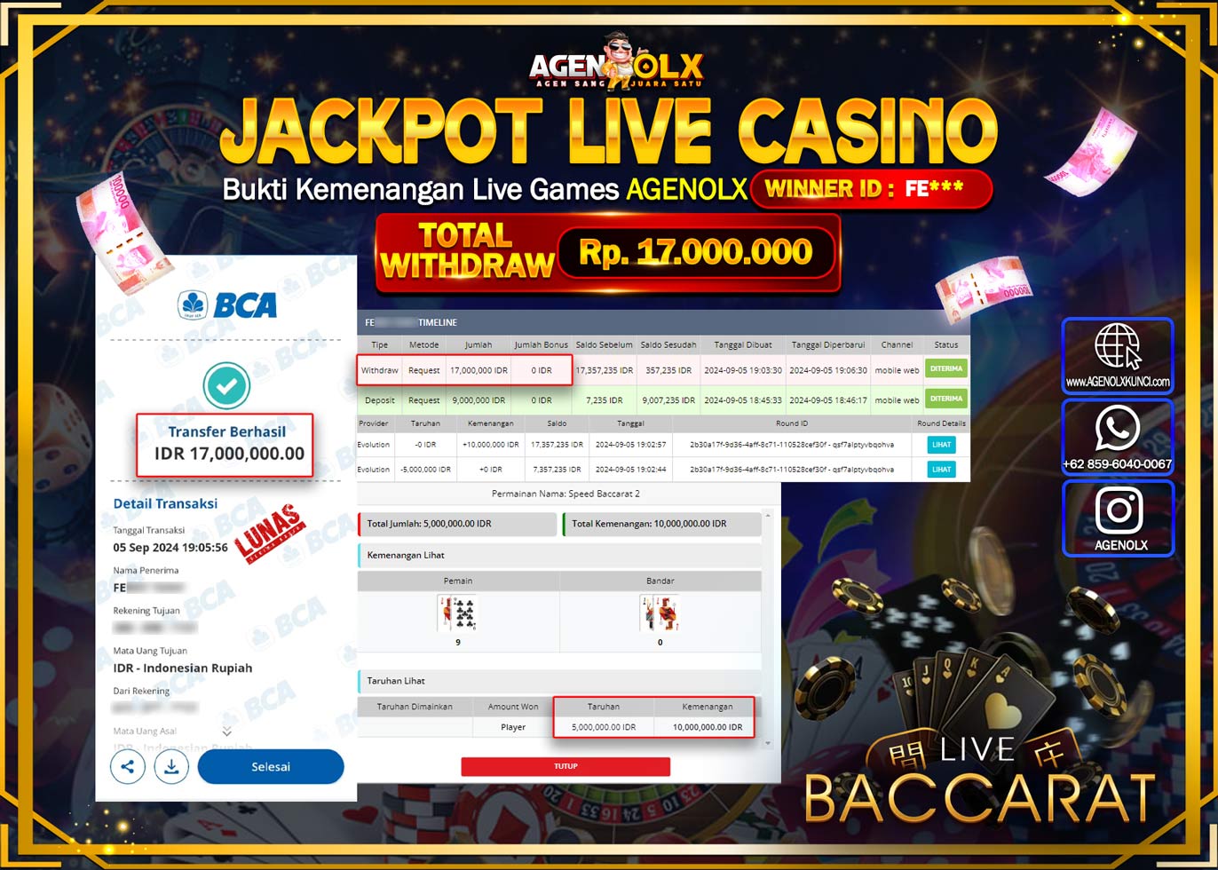 AGENOLX JACKPOT LIVE CASINO BACCARAT Rp.17.000.000,- LUNAS