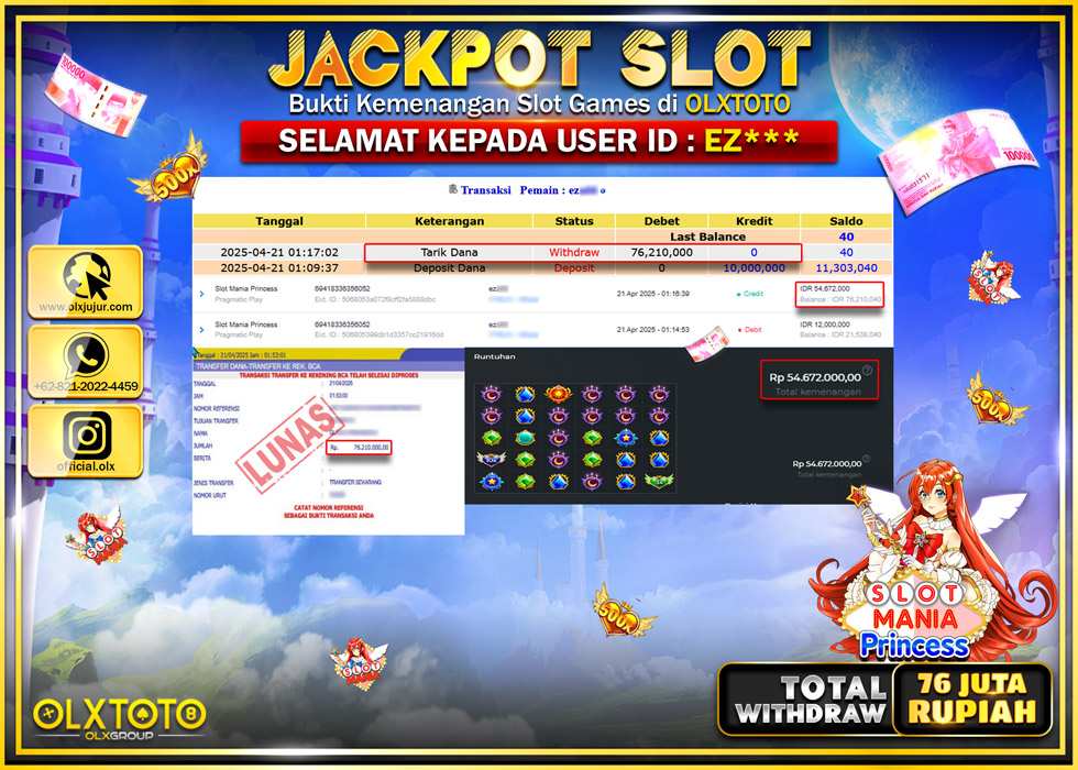 BINTANGSLOT77 JACKPOT SLOT MANIA PRINCESS  Rp.76.210.000.,- LUNAS