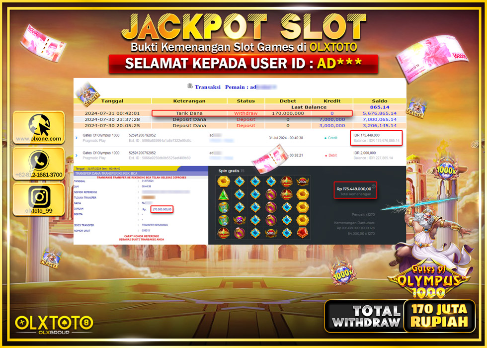 OLXTOTO JACKPOT  SLOT GATES OF OLYMPUS 1000 Rp.170.000.000.,- LUNAS