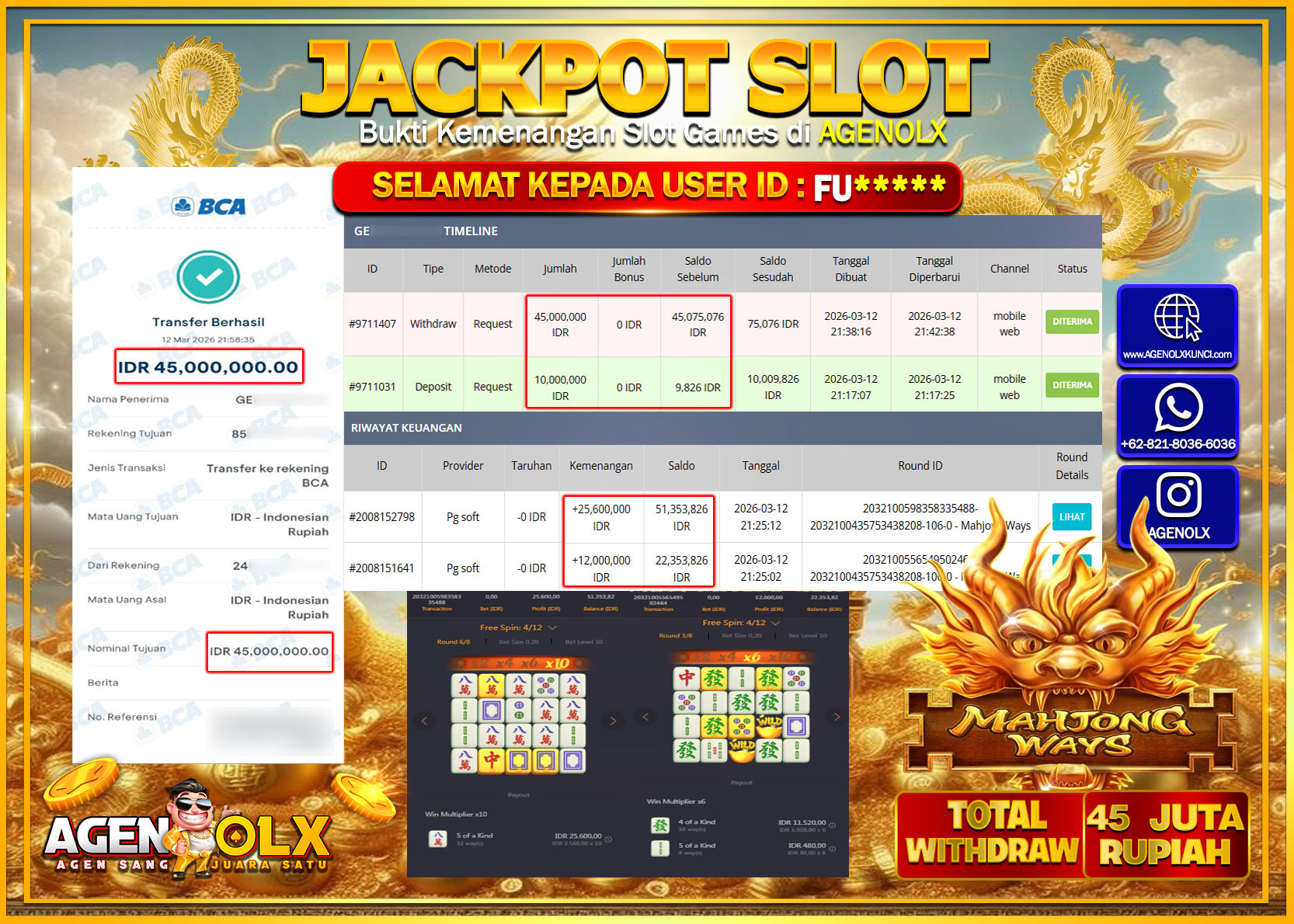 AGENOLX JACKPOT SLOT MAHJONG WAYS  Rp 45.000.000 - LUNAS