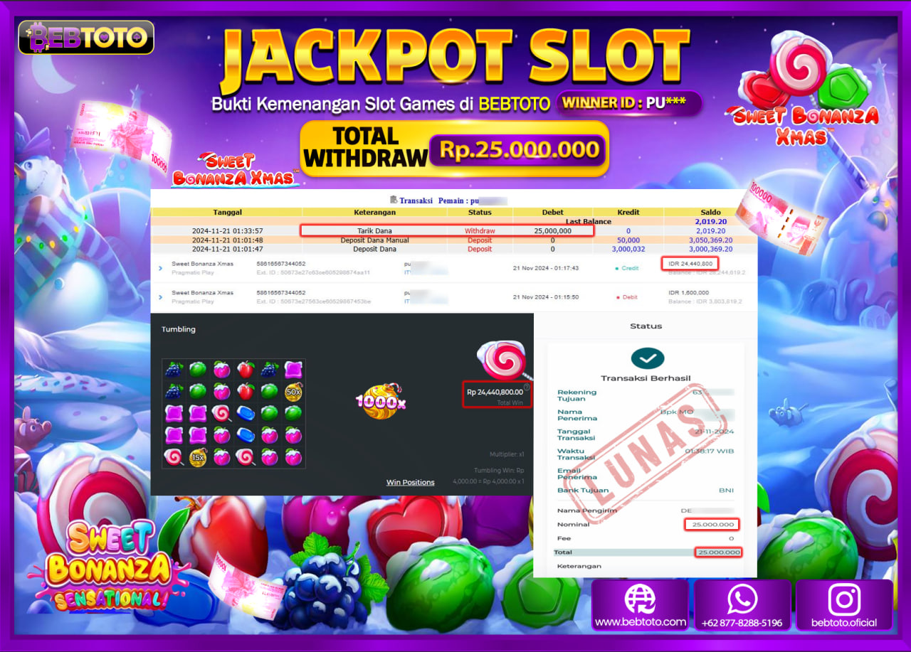 JACKPOT SLOT BEBTOTO SWEET BONANZA XMAS Rp.25.000.000.,- LUNAS