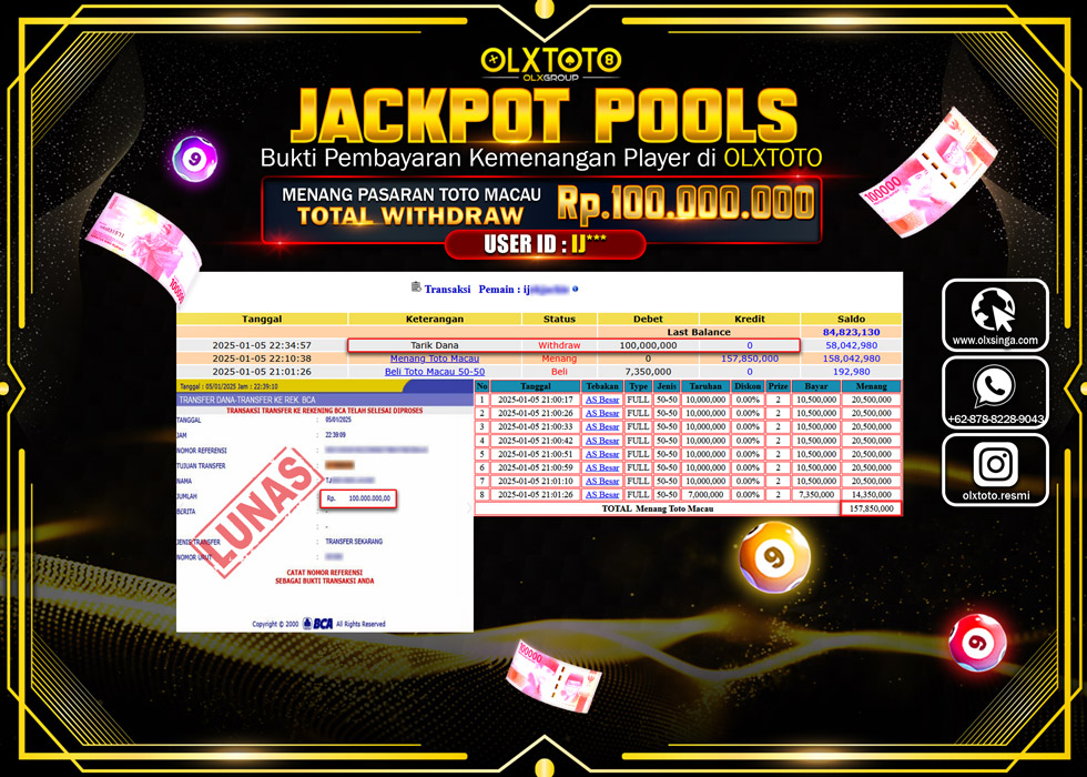 OLXTOTO JACKPOT  TOGEL POOL TOTO MACAU Rp.100.000.000.,- LUNAS