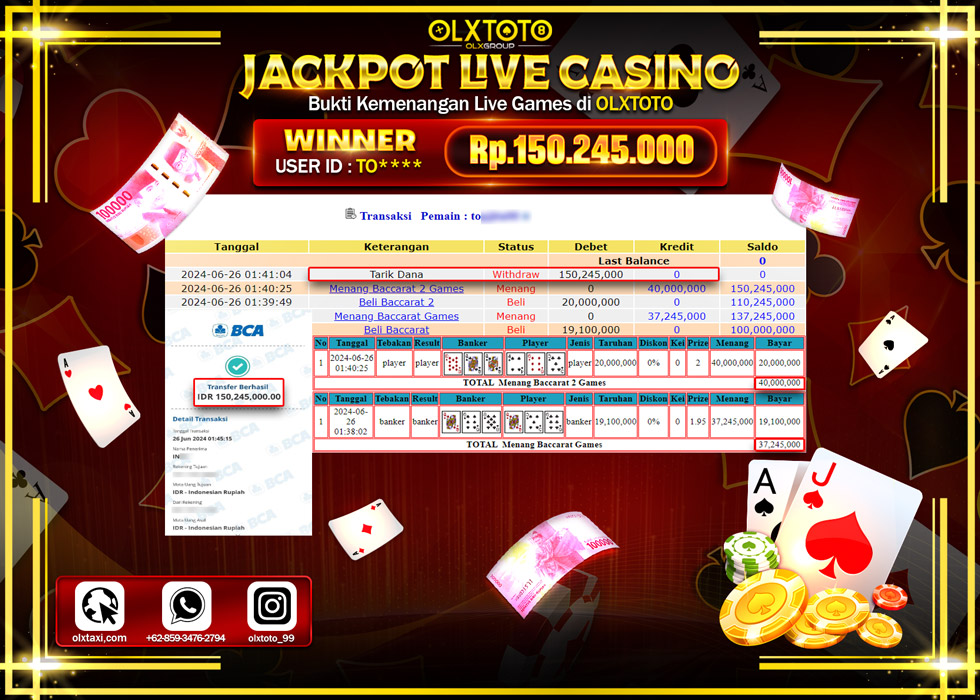 OLXTOTO JACKPOT LIVE GAMES BACCARAT 2   Rp.150.245.000.,- LUNAS