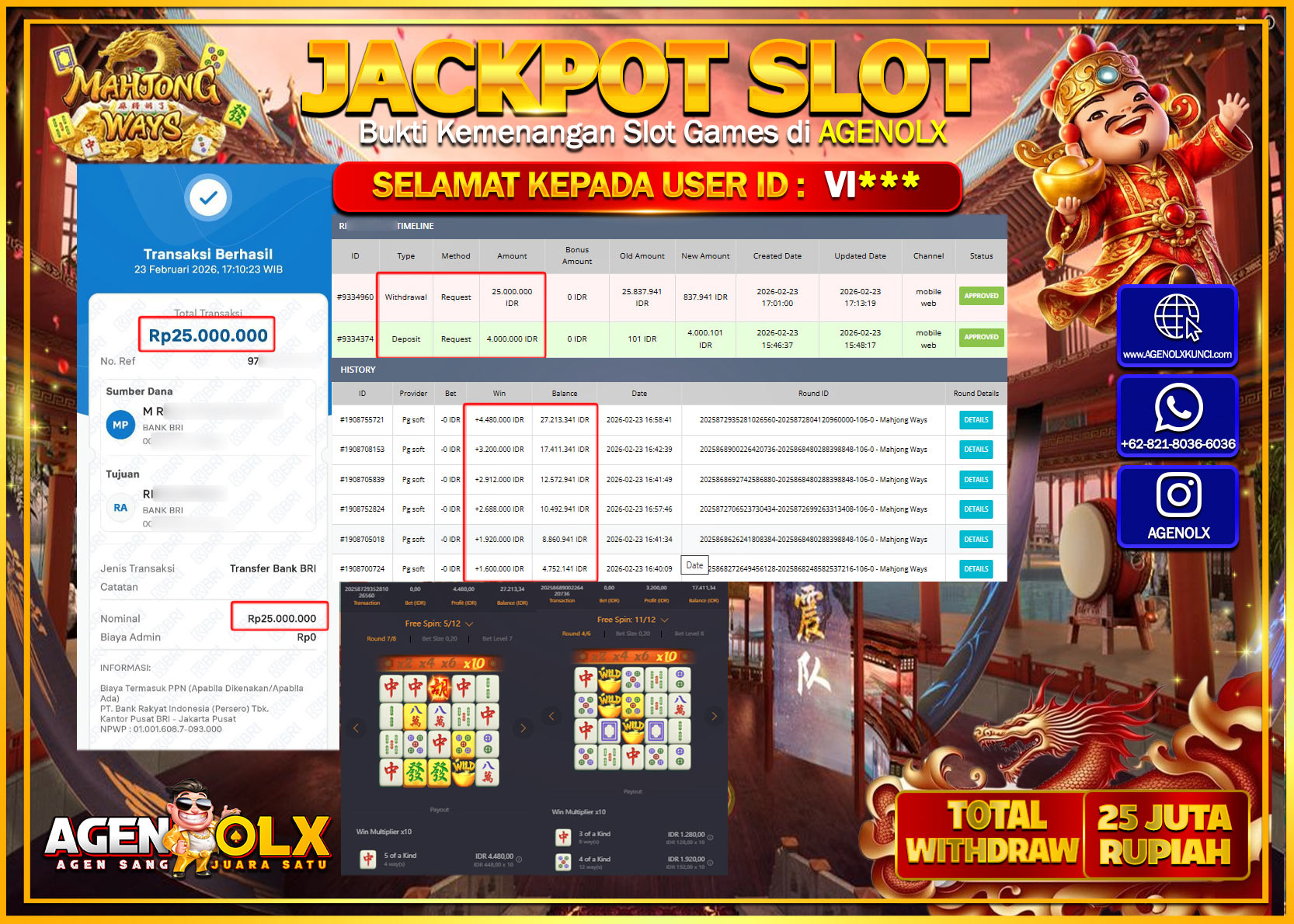 AGENOLX JACKPOT SLOT MAHJONG WAYS  Rp 25.000.000 - LUNAS  