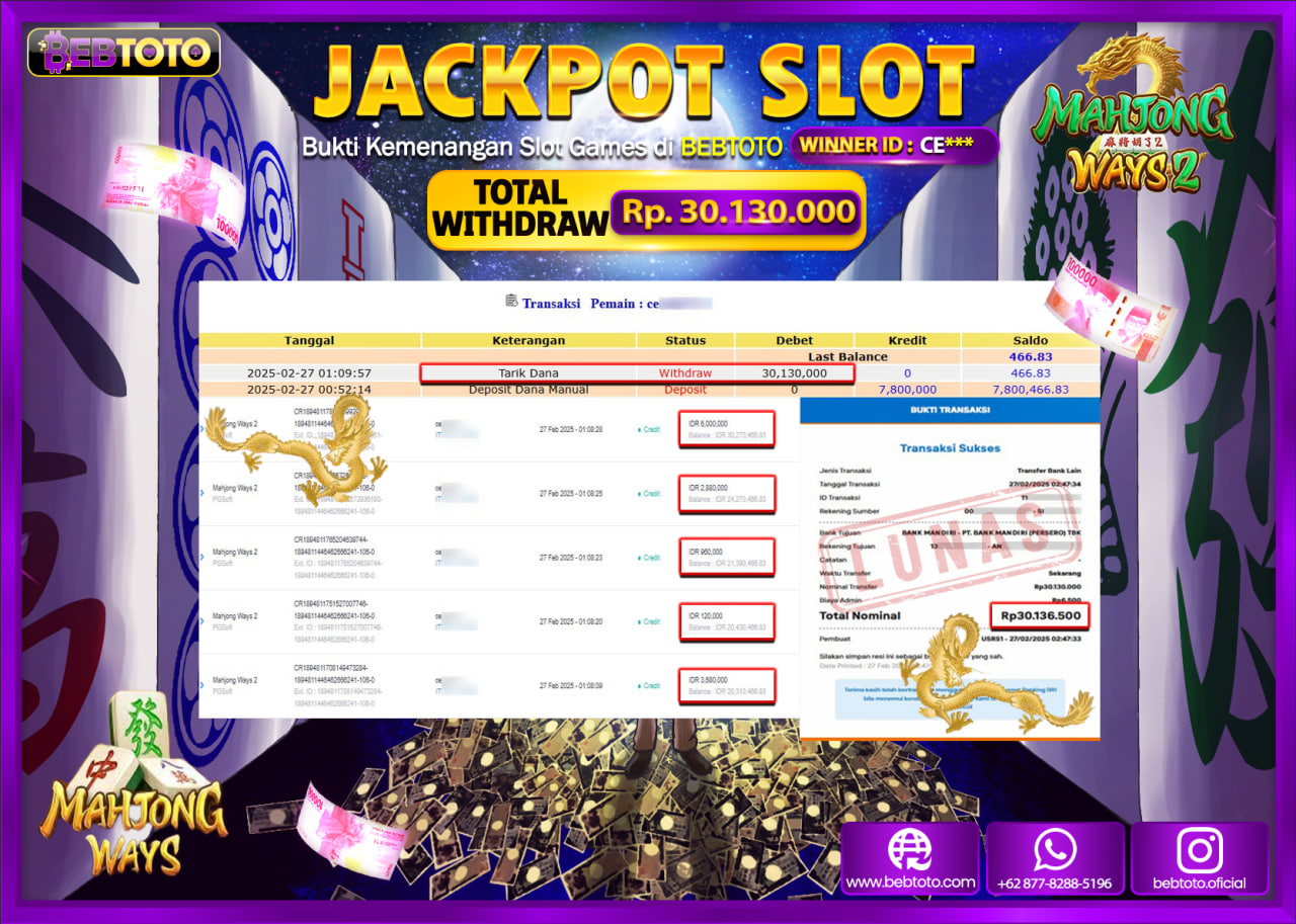 JACKPOT SLOT BEBTOTO MAHJONG WAYS 2 Rp.30.130.000.,- LUNAS