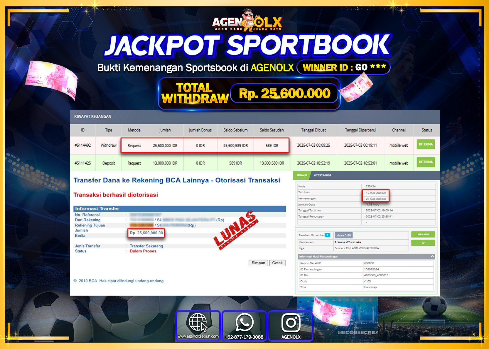 AGENOLX JACKPOT  SPOORTBOK   Rp 25.600.000,- LUNAS