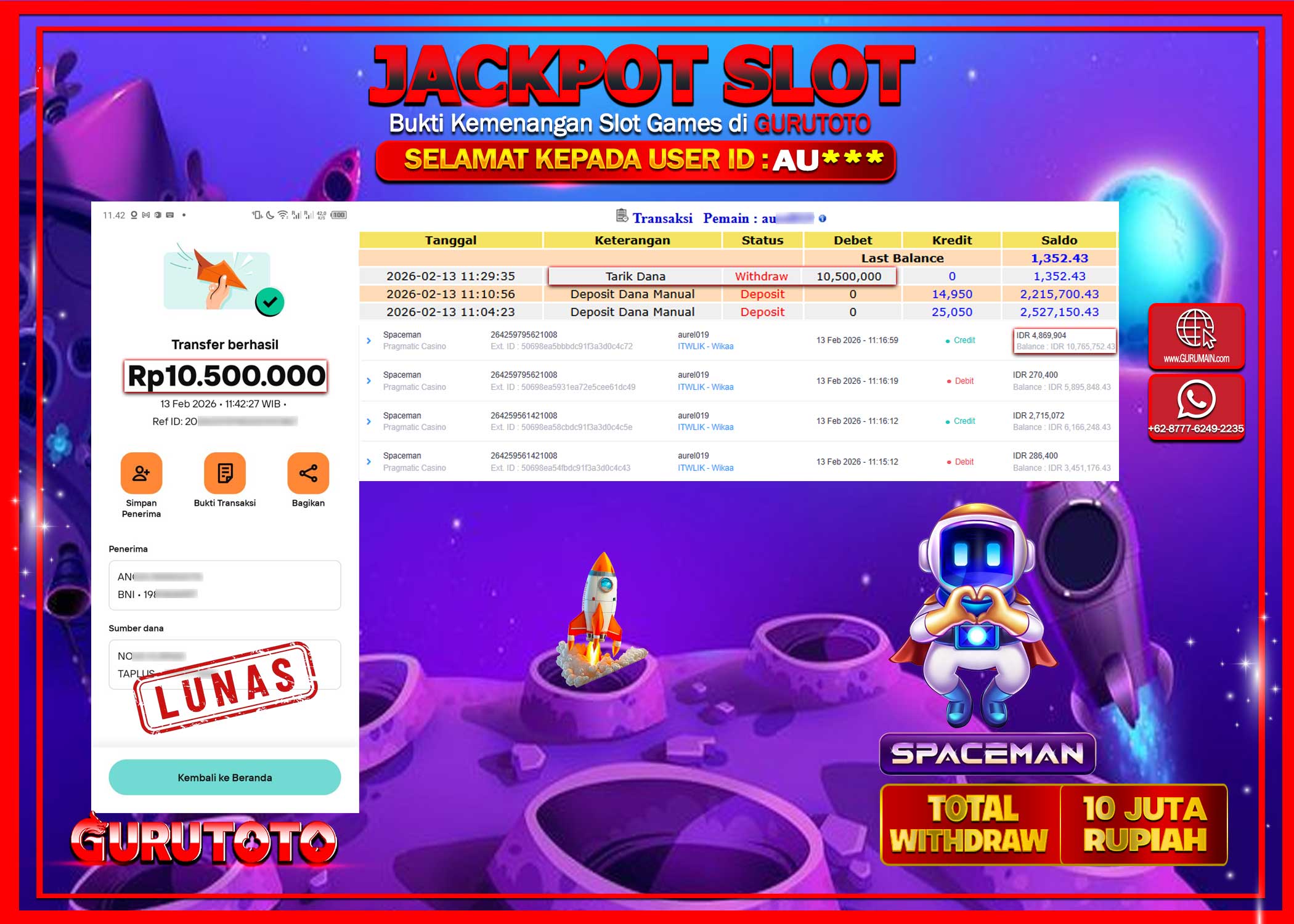 Bukti Kemenangan Rp 10.500.000 SPACEMEN di GURUTOTO !