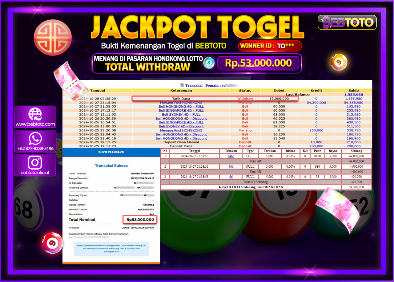 JACKPOT TOGEL BEBTOTO HONGKONG LOTTO  Rp.53.000.000.,- LUNAS