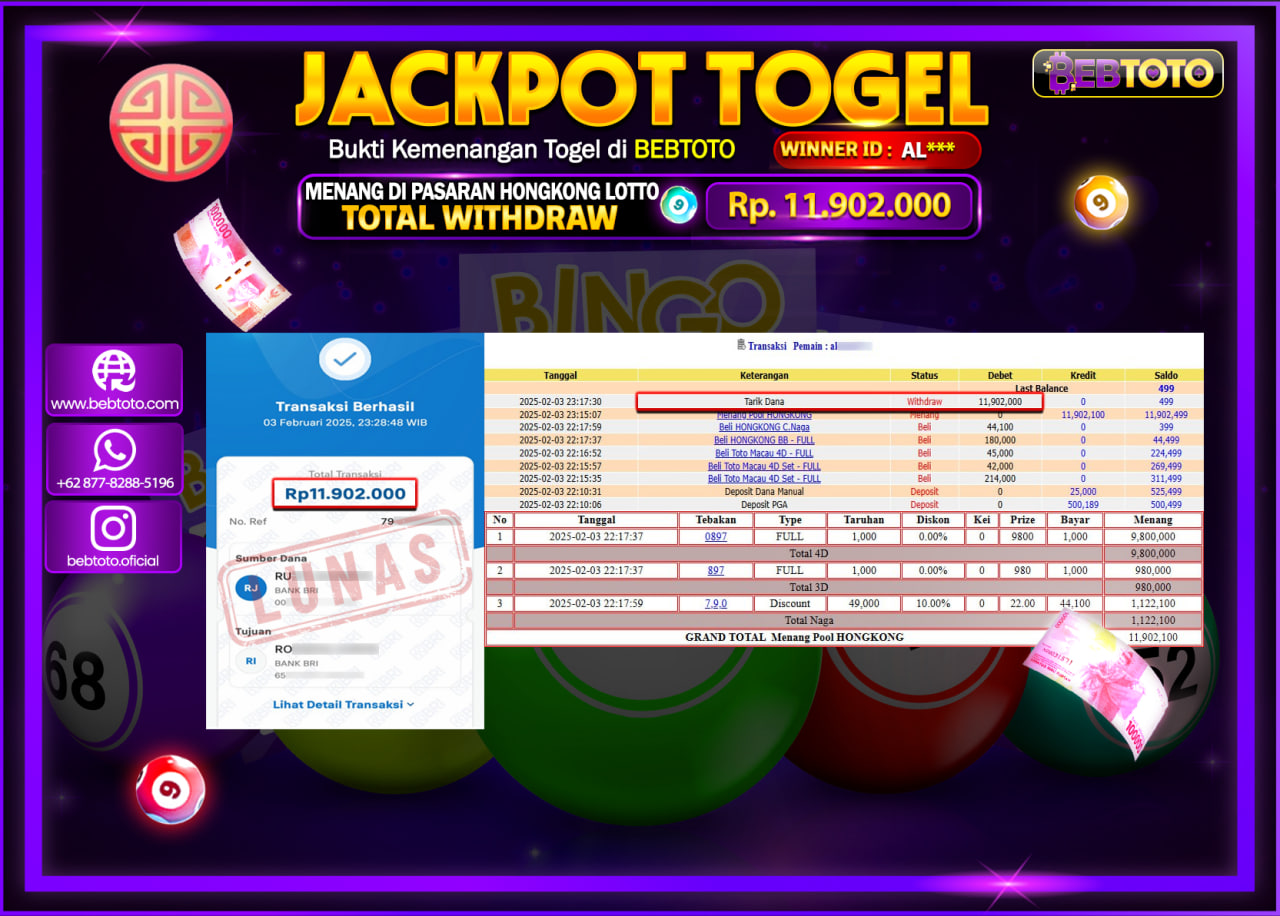 JACKPOT TOGEL BEBTOTO HONGKONG LOTTO Rp.11.902.000.,- LUNAS