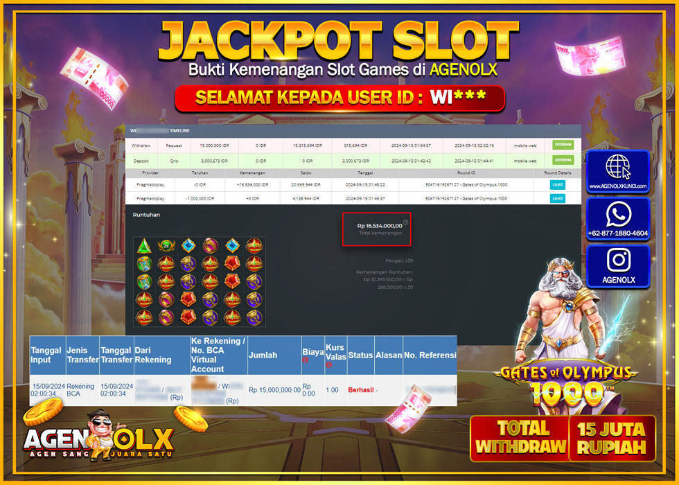 AGENOLX JACKPOT SLOT GATES OF OLYMPUS 1000 Rp.15.000.000,- LUNAS