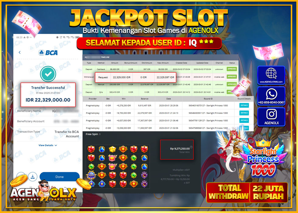 AGENOLX JACKPOT SLOT STARLIGHT PRINCESS 1000 Rp 22.000.000,- LUNAS