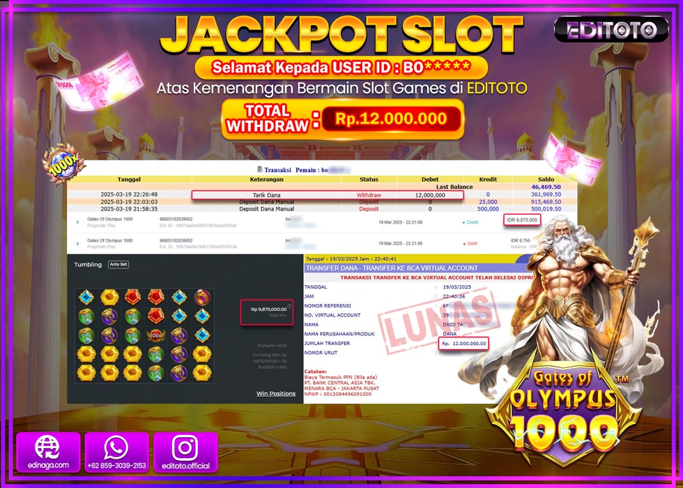 JACKPOT SLOT GATES OF OLYMPUS 1000  Rp.12.000.000.,- LUNAS