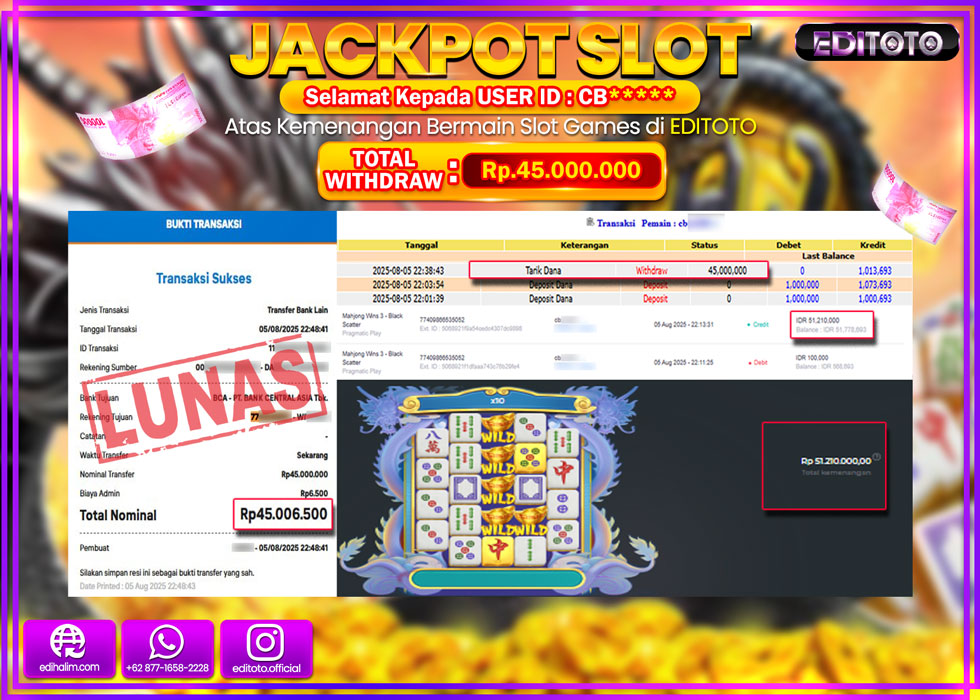 JACKPOT EDITOTO SLOT MAHJONG WINS 3 - BLACK SCATTER Rp.45.000.000,- LUNAS 