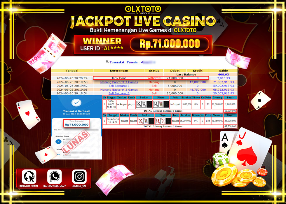 OLXTOTO JACKPOT LIVE GAMES BACCARAT 3   Rp.71.000.000.,- LUNAS