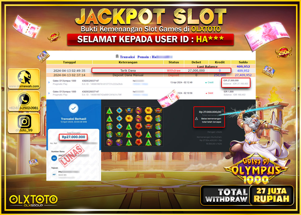OLXTOTO JACKPOT SLOT GATE OF OLYMPUS 1000 Rp.27.000.000.,- LUNAS