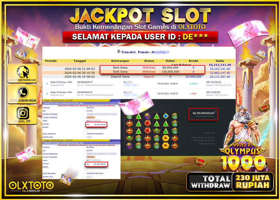 OLXTOTO JACKPOT SLOT GATES OF OLYMPUS 1000  Rp.230.000.000.,- LUNAS