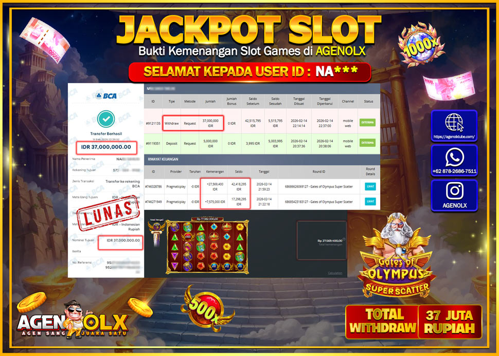 AGENOLX JACKPOT SLOT GATES OF OLYMPUS SUPER SCATTER  Rp 37.000.000 - LUNAS  