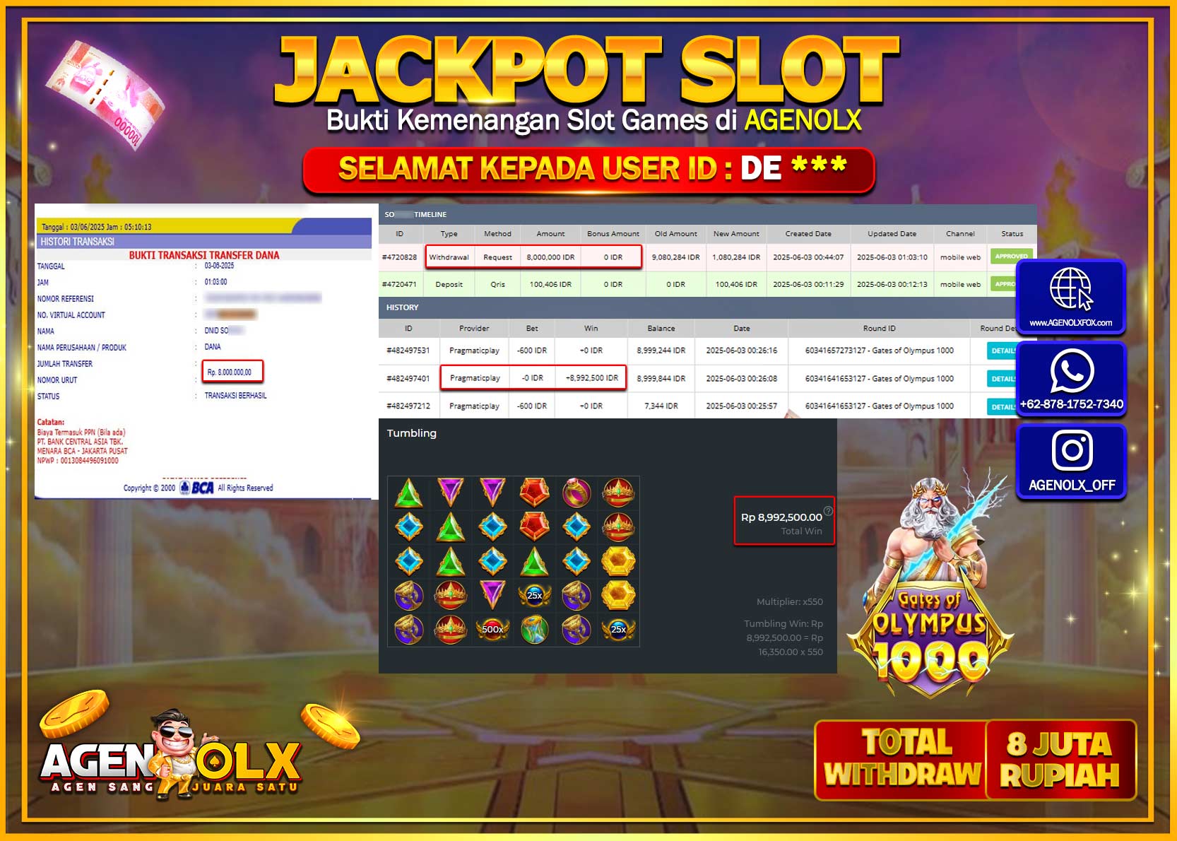 AGENOLX JACKPOT SLOT GATES OF OLYMPUS 1000  Rp 8.000.000,- LUNAS