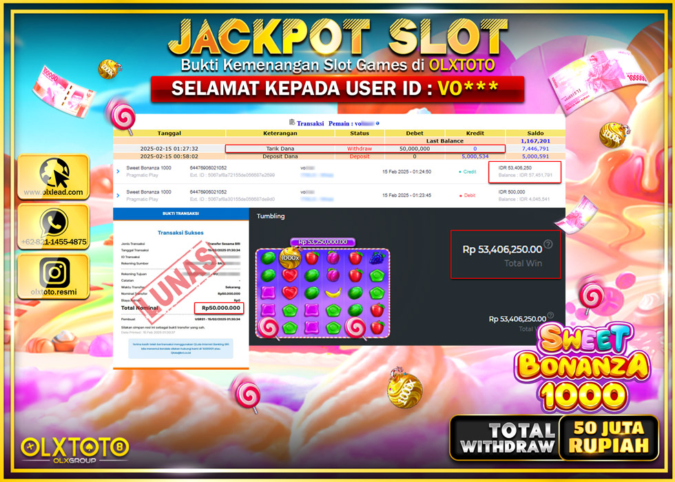 OLXTOTO JACKPOT  SLOT SWEET BONANZA 1000  Rp.50.000.000.,- LUNAS