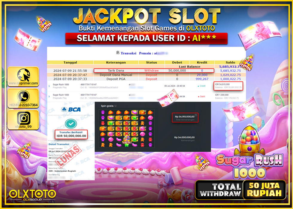 OLXTOTO JACKPOT  SLOT SUGAR RUSH 1000 Rp.50.000.000.,- LUNAS