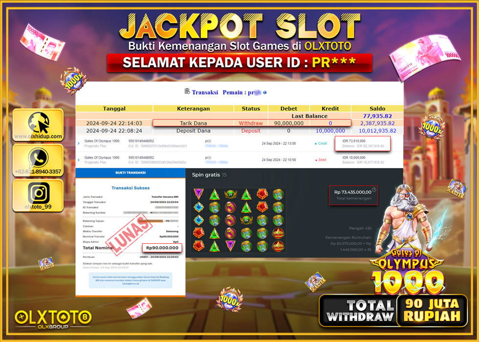 OLXTOTO JACKPOT  SLOT GATES OF OLYMPUS 1000 Rp.90.000.000.,- LUNAS