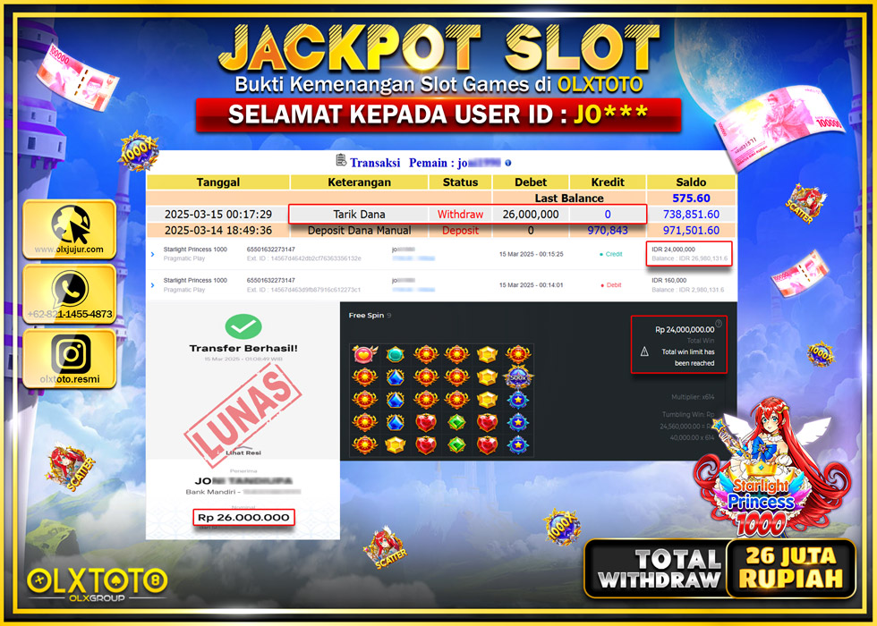OLXTOTO JACKPOT STARLIGHT PRINCESS 1000 Rp.26.000.000.,- LUNAS