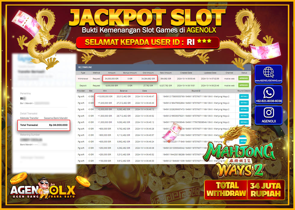 AGENOLX JACKPOT  SLOT MAHJONG WAYS  2 Rp34.000.000,- LUNAS
