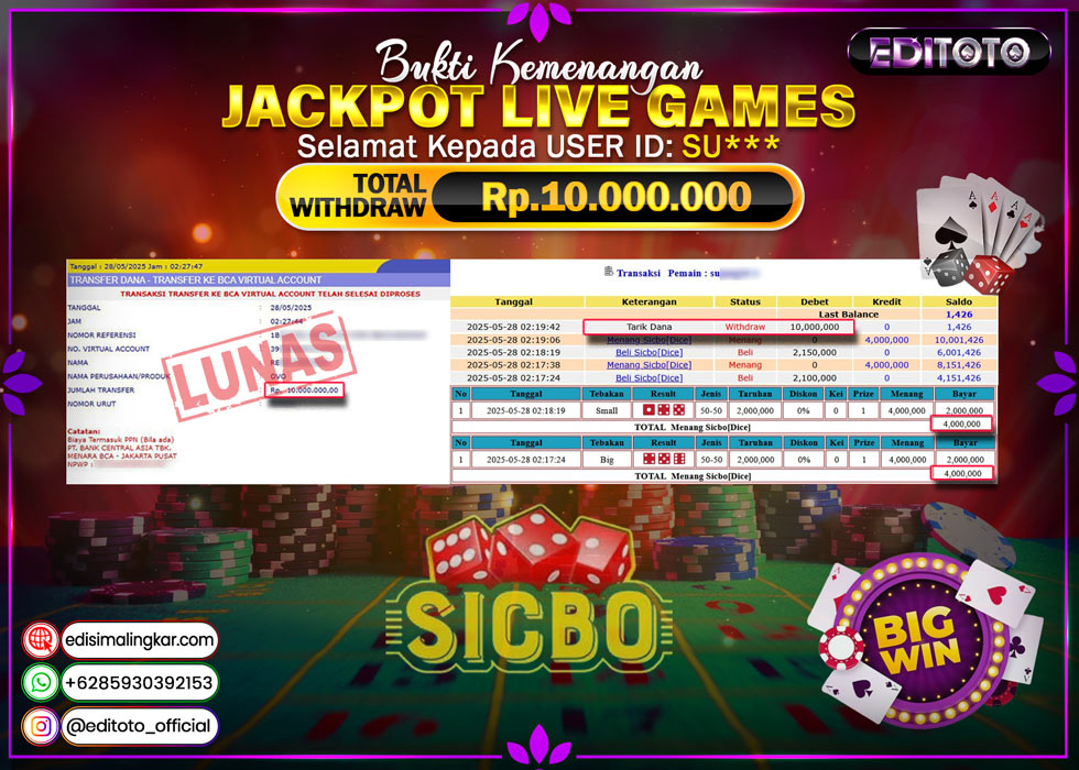 JACKPOT EDITOTO LIVE GAMES SICBO DICE  Rp.10.000.000.,- LUNAS