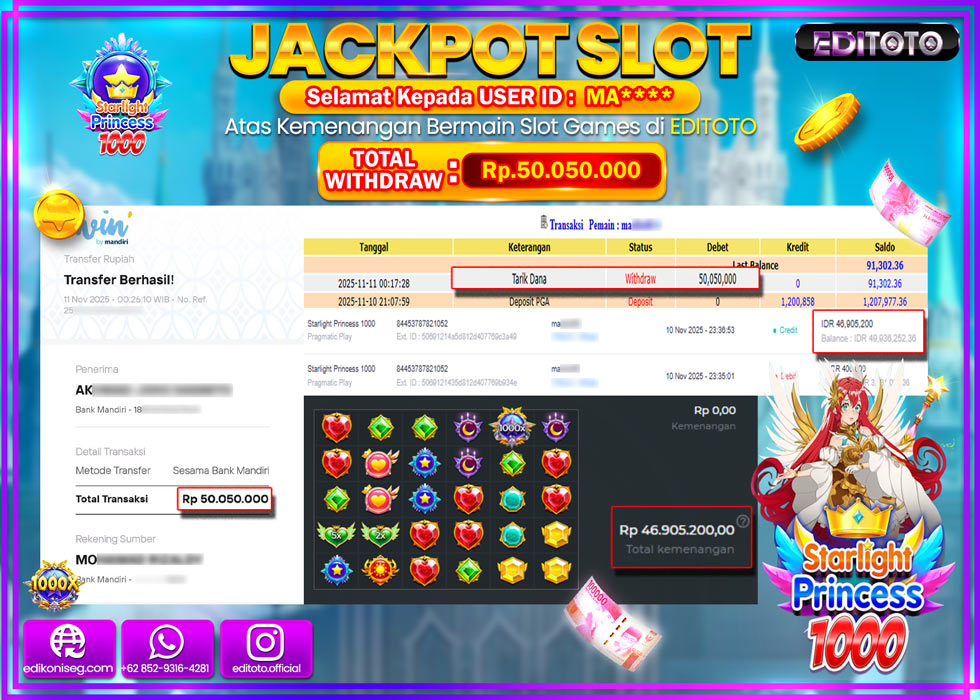 JACKPOT EDITOTO SLOT STARLIGHT PRINCE5S 1000  Rp.50.050.000,- LUNAS