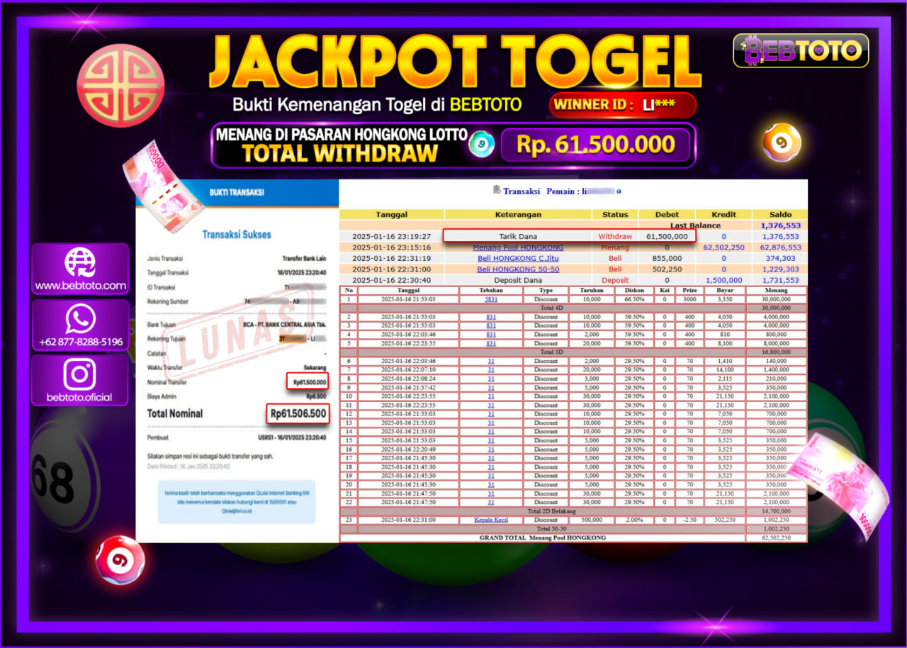 JACKPOT TOGEL BEBTOTO HONGKONG LOTTO  Rp.66,500,000.,- LUNAS