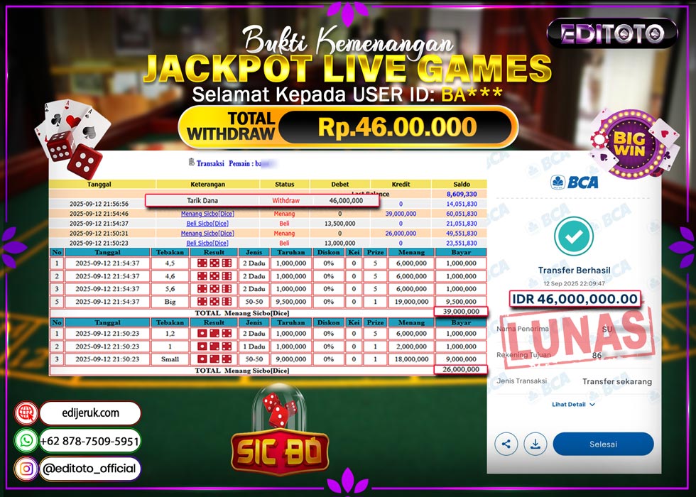 JACKPOT EDITOTO LIVE GAMES SICBO DICE Rp. 46.000.000.,- LUNAS