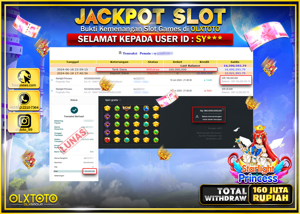 OLXTOTO JACKPOT SLOT STARLIGHT PRINCESS  Rp.160.000.000.,- LUNAS