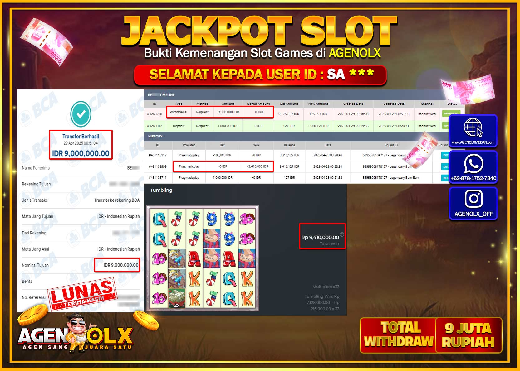 AGENOLX JACKPOT SLOT LEGENDARY BUM BUM Rp 9.000.000,- LUNAS