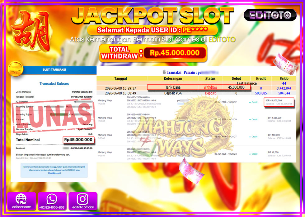 JACKPOT EDITOTO SLOT MAHJONG WAYS Rp.45.000.000,- LUNAS