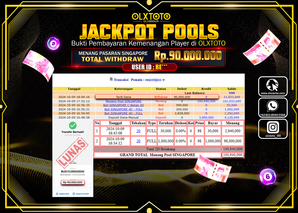 OLXTOTO JACKPOT  TOGEL POOL SINGAPORE Rp.90.000.000.,- LUNAS