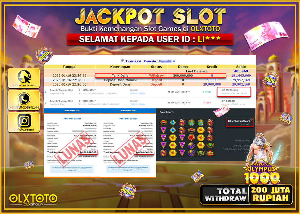 OLXTOTO JACKPOT  SLOT GATES OF OLYMPUS 1000 Rp.200.000.000.,- LUNAS