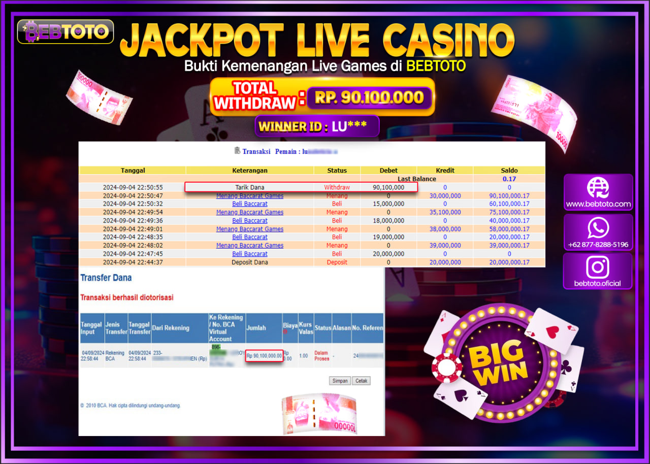 JACKPOT LIVE CASINO BEBTOTO BACCARAT Rp.90.100.000.,- LUNAS