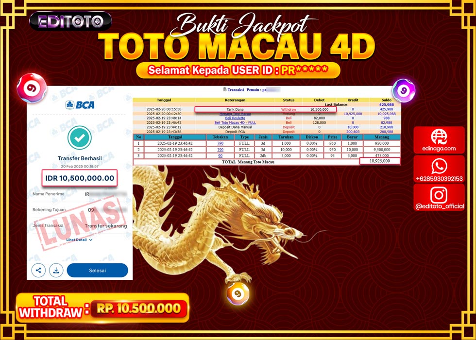 JACKPOT TOGEL PASARAN TOTOMACAU 4D Rp.10.500.000.,- LUNAS
