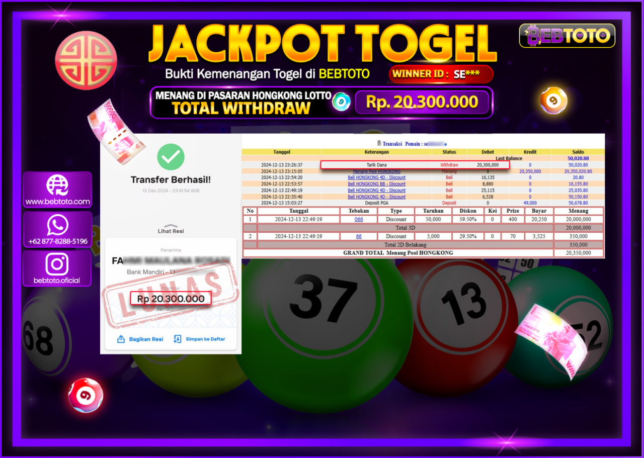 JACKPOT TOGEL BEBTOTO HONGKONG LOTTO Rp.20.300.000.,- LUNAS