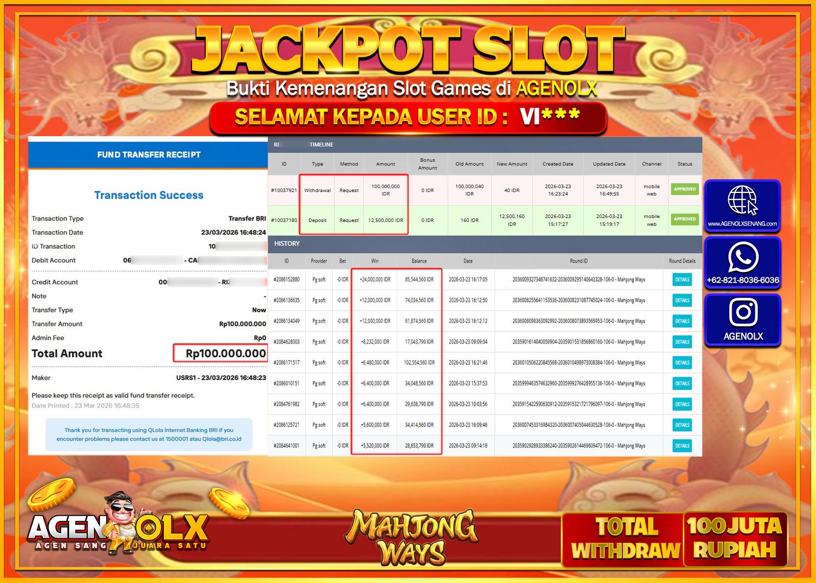 AGENOLX JACKPOT SLOT MAHJONG WAYS   Rp 100.000.000 - LUNAS
