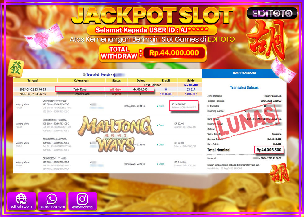 JACKPOT EDITOTO SLOT MAHJONG WAYS Rp.44.000.000,- LUNAS 