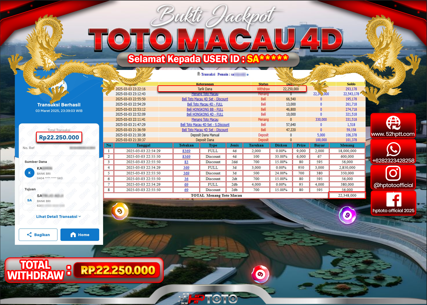 HPTOTO JACKPOT TOGEL PASARAN TOTO MACAU Rp.22.250.000,- LUNAS