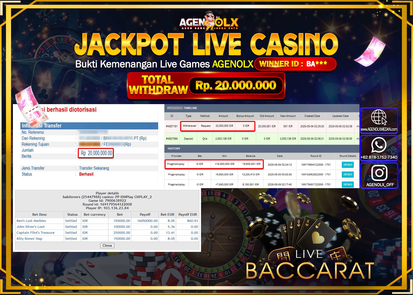 AGENOLX JACKPOT LIVE CASINO PRAGMATIC Rp 20.000.000,- LUNAS