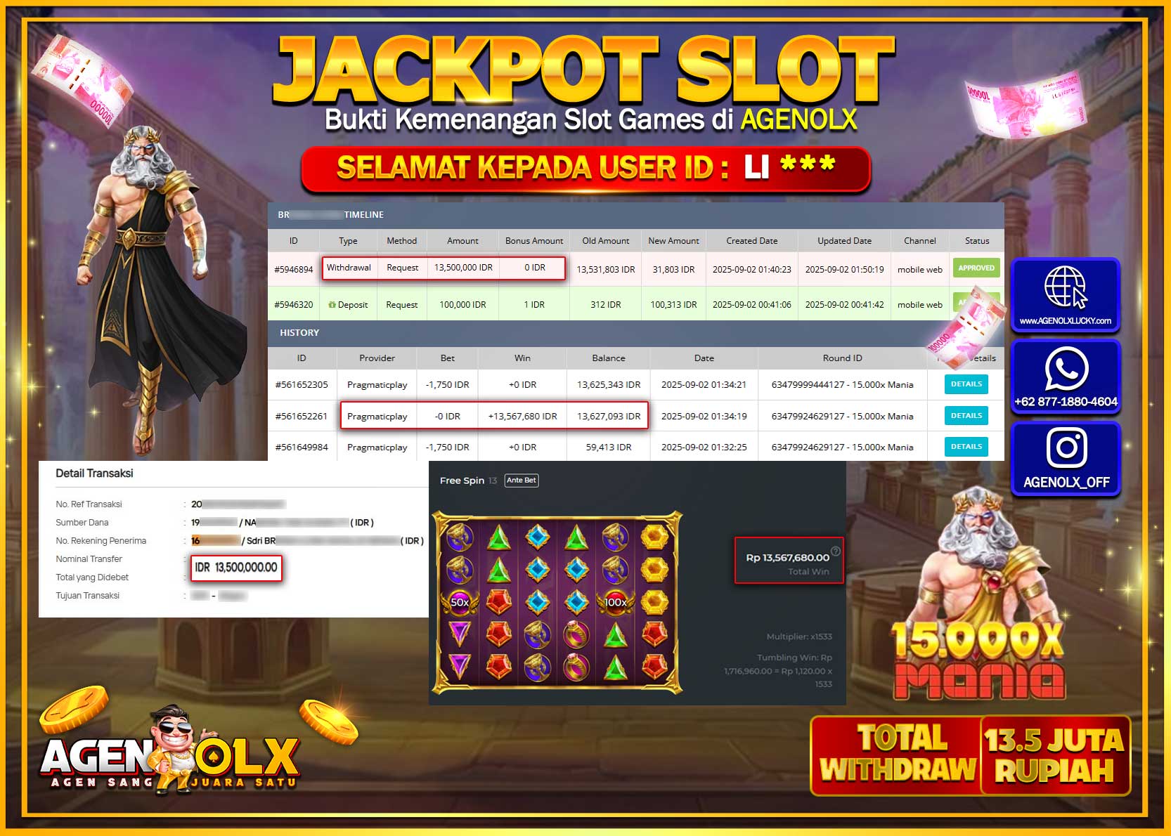 AGENOLX JACKPOT SLOT 15,000 X MANIA Rp 13,500,000,- LUNAS