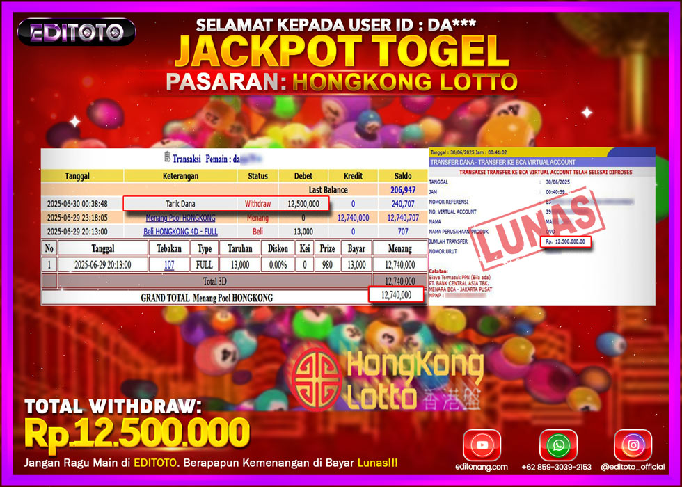 JACKPOT EDITOTO TOGEL PASARAN HONGKONG LOTTO Rp.12.500.000.,- LUNAS