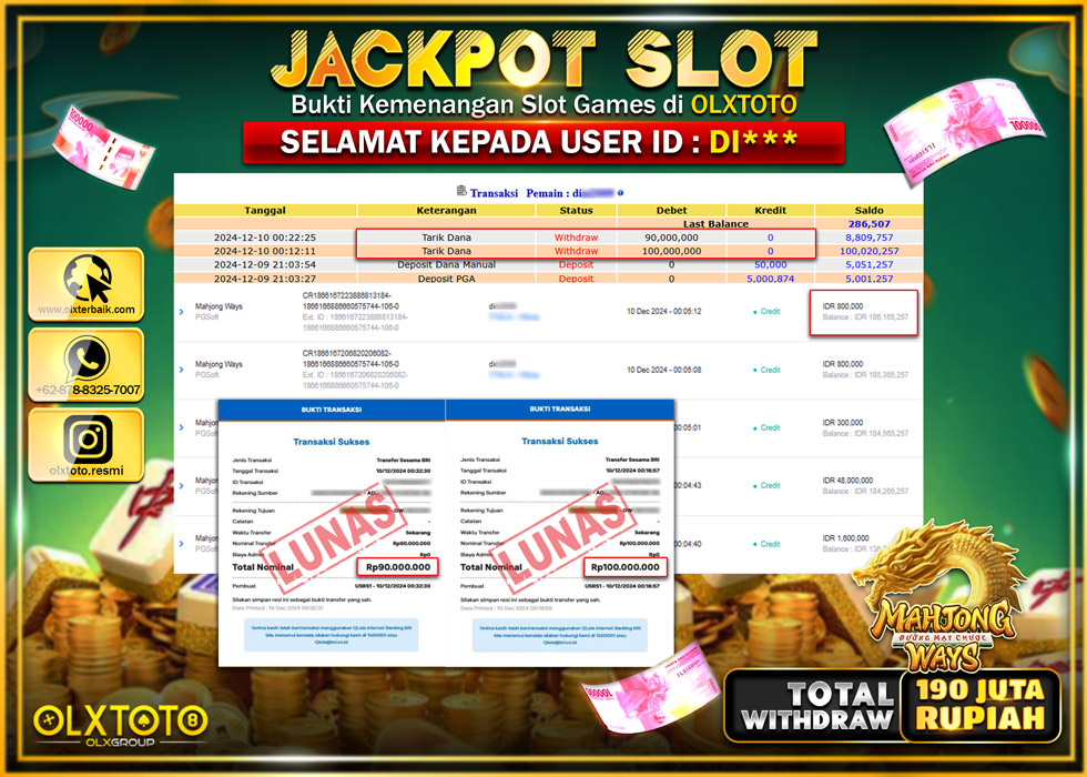 OLXTOTO JACKPOT  SLOT MAHJONG WAYS  Rp.190.000.000.,- LUNAS