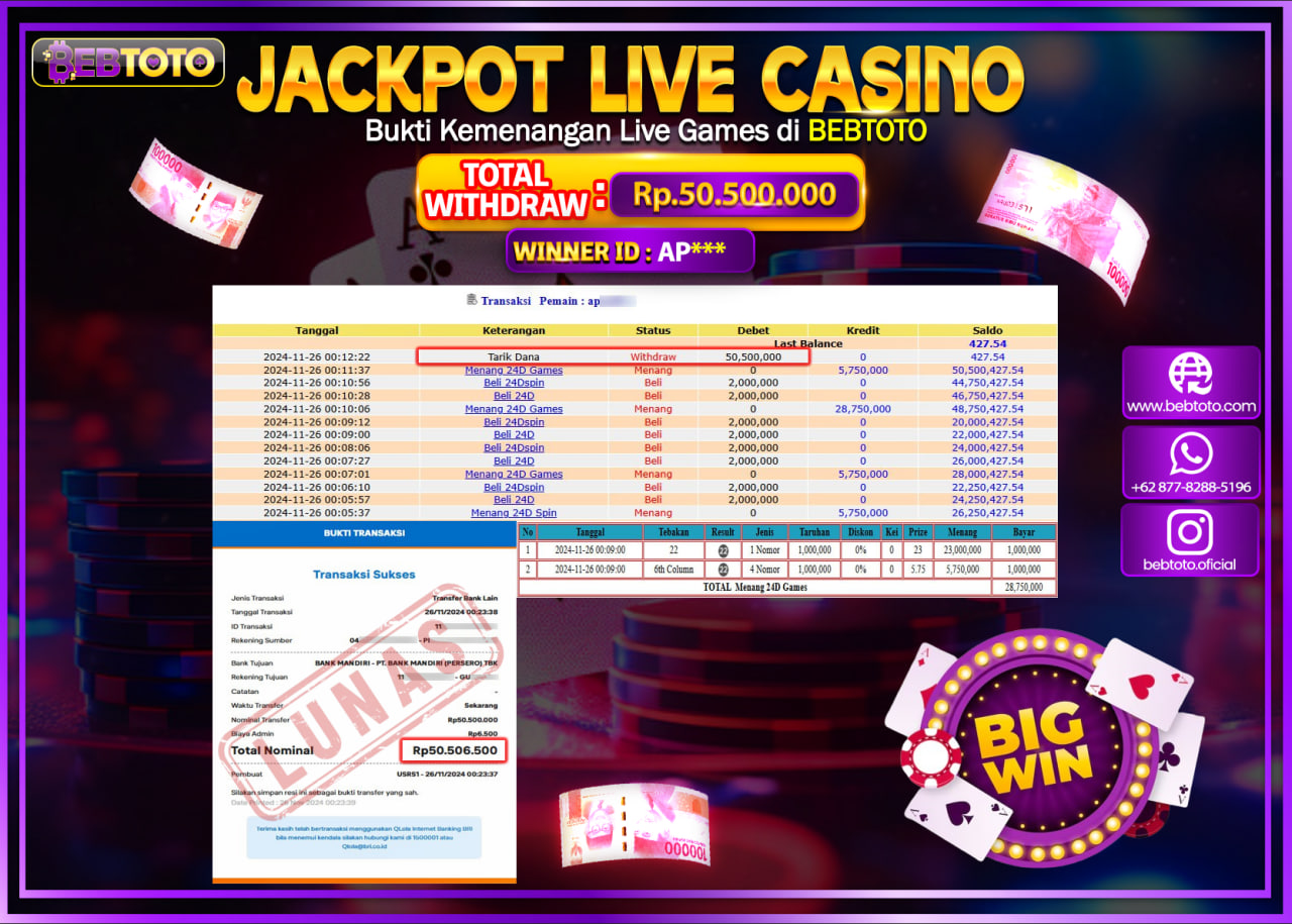 JACKPOT LIVE CASINO BEBTOTO 24D SPIN GAMES Rp.50.500.000.,- LUNAS