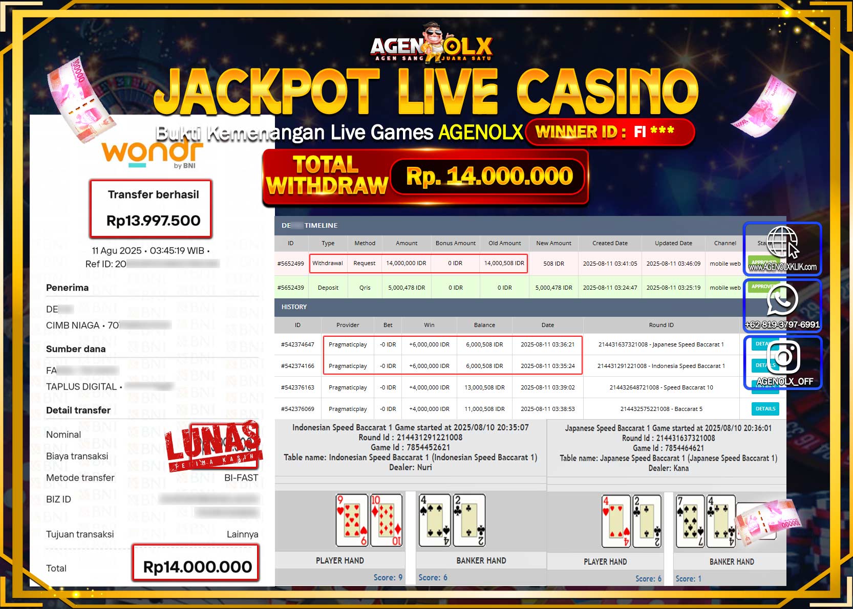 AGENOLX JACKPOT JAPANESE BACCARAT 1  Rp 14.000.000,- LUNAS