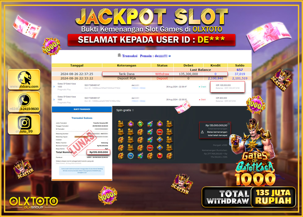 OLXTOTO JACKPOT  SLOT GATES OF GATOT KACA 1000 Rp.135.500.000.,- LUNAS